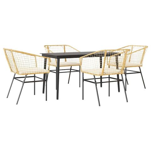 vidaXL 5-Piece Patio Dining Set with Cushions - Brown Poly Rattan Outdoor Furniture - Glass Top Table - Modern Garden Chairs - Outdoor/Patio/Deck/Balcony