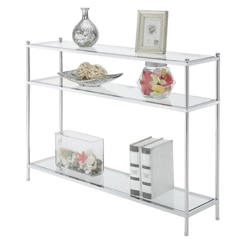 Convenience Concepts Royal Crest Glass Console Hall Table 42" - 3 Tier Modern, Contemporary Narrow Display Accent with Storage Shelves for Living Room, Entryway, Hallway, & Bedroom, Chrome