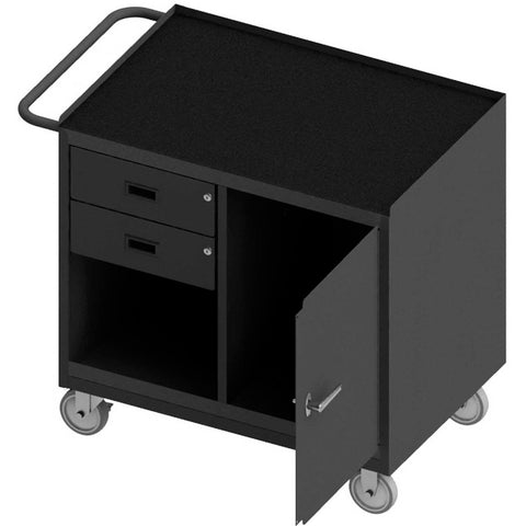 Mobile Bench Cabinet With 5 Inch X 1-1/4 Inch Polyurethane Casters (2) Rigid And (2) Swivel 1 Shelf And 1 Storage Area 2 Drawers And 1 Door Black Rubber Mat Top Work Surface With Tubular Push Handle Gray