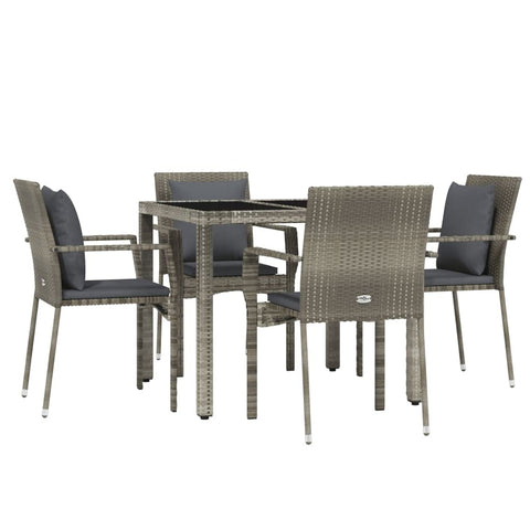 vidaXL 5 Piece Patio Dining Set in Gray Poly Rattan - Weather-Resistant Outdoor Furniture with Tempered Glass Tabletop and Comfortable Cushions