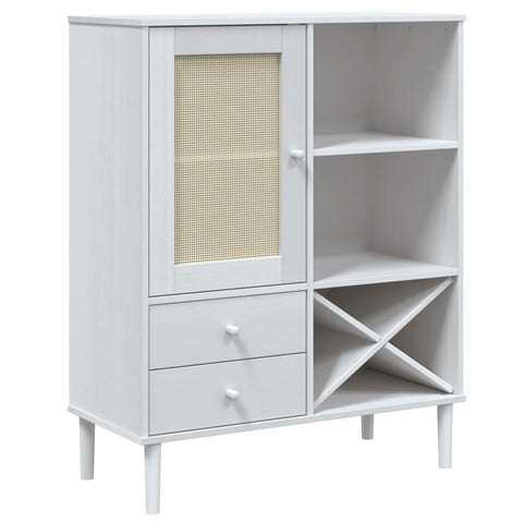 vidaXL SENJA Highboard Rattan-Look Side Cabinet - White Solid Pine Wood with UV Varnish, Ample Storage, and Sturdy Design for Home and Office