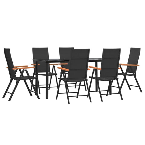 vidaXL Patio Dining Set 7 Piece, Outdoor Furniture Set with 6 Folding Chairs and 1 Table, Reclining Chair, Modern Style, Black and Brown Poly Rattan
