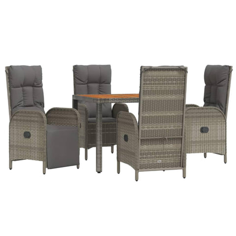 vidaXL 5-Piece Outdoor Poly Rattan Patio Dining Set - Gray Lounge Set with Cushions, Reclining Garden Chairs, Acacia Wood Table
