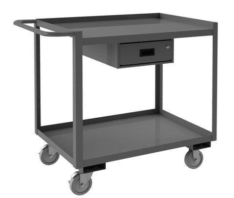 Stock Cart 2 Shelves 24 x 48 14 Gauge 1200 lbs. Capacity 1 Drawer  5 x 1-1/4 Polyurethane Casters - (2) Rigid (2) Swivel with Side Brakes Gray