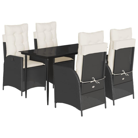 vidaXL 5 Piece Patio Dining Set - Black Poly Rattan Garden Furniture w/Cushions & Adjustable Reclining Chairs | Glass Top Table | Outdoor, Backyard, Deck, Garden, Terrace
