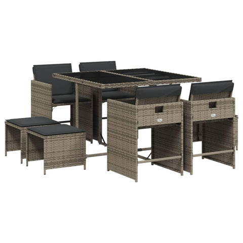 vidaXL Patio Dining Set with Cushions - Gray Poly Rattan Garden Furniture - 9-Piece - Ideal for Patio, Garden, Backyard - Includes Table, Chairs, and Stools, Grey, 3277903