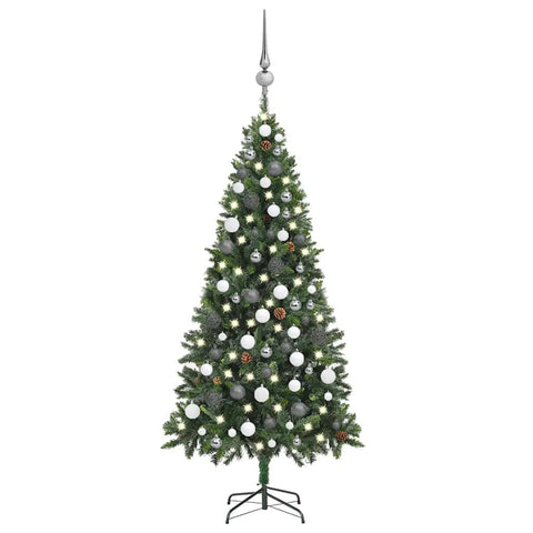 vidaXL Artificial Pre-lit Christmas Tree - Pine Tree Design with LED Lights - 70.9" Tall - Includes Pine Cones & Ball Set, Green
