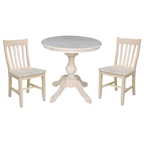 IC INTERNATIONAL CONCEPTS 30" Round Top Solid Wood Pedestal Table with 2 Cafe Chairs in Unfinished