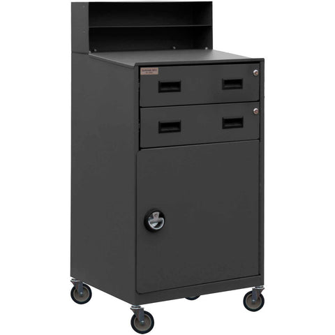 Mobile Shop Desk With (4) 3 Inch Soft Rubber Swivel Plug In Casters Sloped Work Surface With Pencil Rest Lip 2 Fixed Shelves In Lower Storage Compartment And 2 Drawers Gray