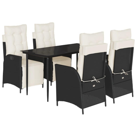 vidaXL 5 Piece Patio Dining Set - Black Poly Rattan & Cushions - Adjustable Backrest & Footrest - Glass Tabletop