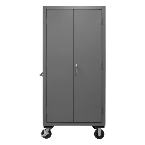 Durham 3501M-BLP-12-2S-1795 Lockable Mobile Cabinet with 12 Red Hook-On Bins, 2 Adjustable Shelves, Flush Door Style, 36" Wide, 14 Gauge, Gray