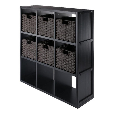 Winsome Wood Timothy 7-Pc 3x3 Storage Shelf with 6 Foldable Woven Baskets - Black and Chocolate