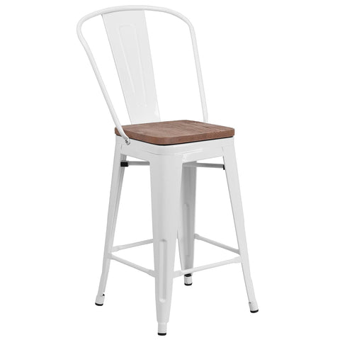 Flash Furniture Lily 24" High White Metal Counter Height Stool with Back and Wood Seat (Pack of 1)
