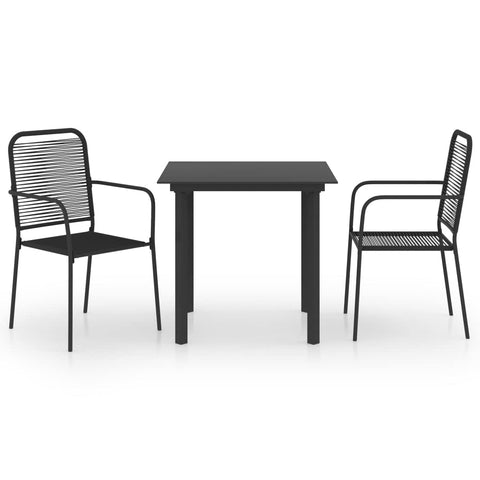 vidaXL Retro Style 3 Piece Patio Dining Set – Powder-Coated Steel Black Glass Table with Cotton Rope Woven Chairs, Durable & UV, Ideal for Terrace or Garden
