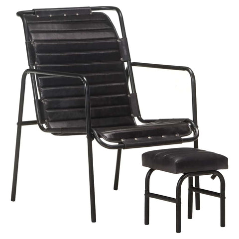vidaXL Relaxing Armchair & Footrest Set â€“ Black Real Leather Design, Powder-Coated Iron Frame, Ideal for Home, Office, Lounge - Vintage Style & Easy Assembly