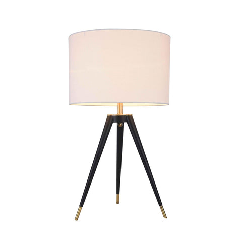 BETHEL Black Frame with Brass Hardware Table LAMP with A White Linen Drum Shade