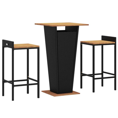 vidaXL 3 Piece Patio Bar Set - Weather-Resistant Black Poly Rattan & Solid Acacia Wood - Ideal for Garden, Patio, and Outdoor Living Spaces - Easy Assembly