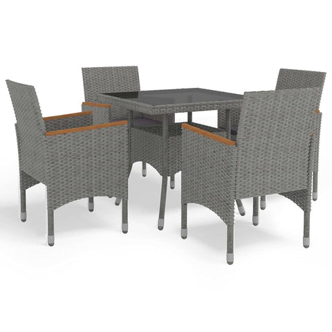 vidaXL 5 Piece Garden Dining Set Grey Poly Rattan Acacia Wood Outdoor Furniture with Cushions for Balcony and Patio Chairs Square Table Weather Resistant
