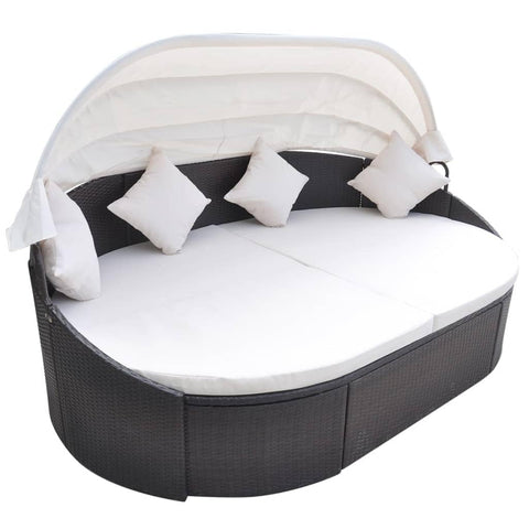 vidaXL Daybed, Patio Lounge Bed with Canopy, Round Outdoor Daybed, Wicker Rattan Furniture for Patio Lawn Garden Backyard Porch, Poly Rattan Brown