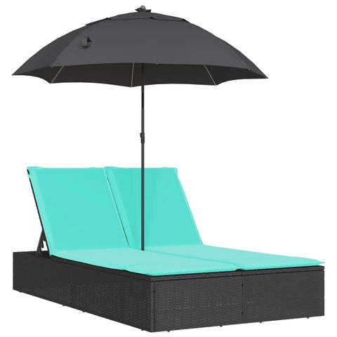 vidaXL Patio Double Sun Lounger with Cushions and Parasol, Outdoor Chaise Lounge Chair for Beach Pool, Daybed, Sunbed, Modern Style, Black Poly Rattan