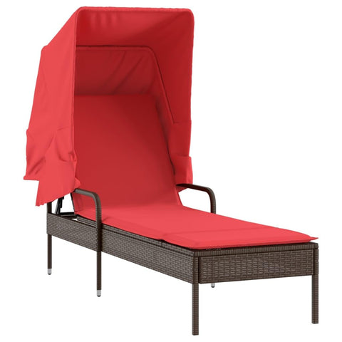 vidaXL Brown Poly Rattan Sun Lounger with Retractable Canopy, Adjustable Backrest, Cushion & Tea Table for Patio/Garden