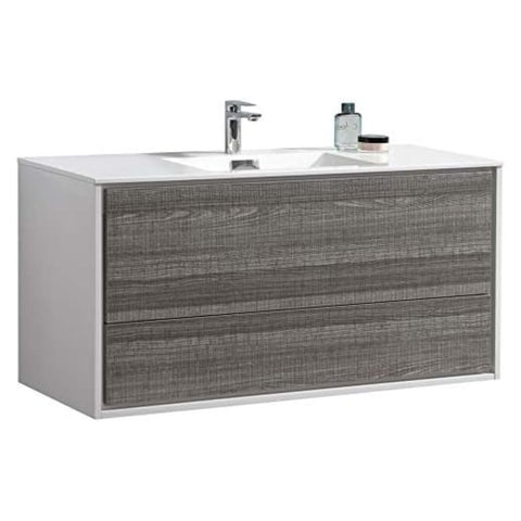 Oakestry Delusso 48-Inch Ash Gray Wall Mount Modern Bathroom Vanity with Integrated Acrylic Sink and Soft Close Drawer
