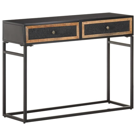 vidaXL Solid Mango Wood Console Table with Iron Frame - Brown Bohemian Style Hall Cabinet with 2 Hand Carved Drawers - 39.4"x13.8"x29.5â€