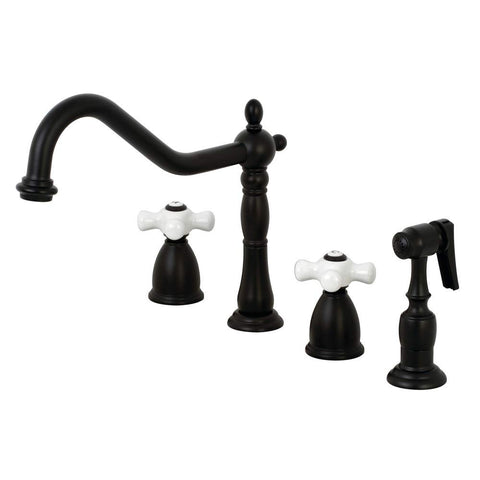 Kingston Brass KB1790PXBS Heritage Widespread Kitchen Faucet with Brass Sprayer, 8 x 9.06 x 9.38, Matte Black