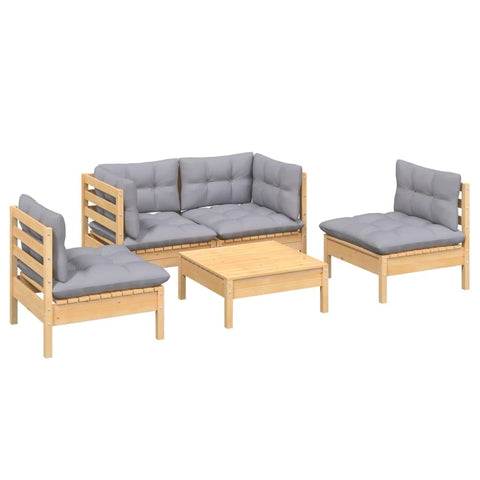 vidaXL Solid Pinewood Patio Lounge Set 5 Piece with Gray Cushions Garden Outdoor Lawn Yard Terrace Balcony Wooden Seat Seating Furniture