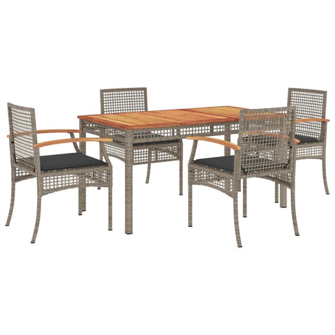 vidaXL Patio Dining Set - 5 Piece Outdoor Furniture with Cushions, Gray Poly Rattan, Acacia Wood Top, for Garden Patio