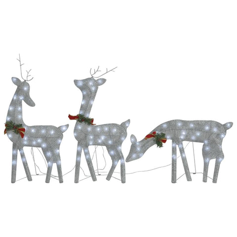 vidaXL Silver Christmas Reindeer Family Decoration with Red Bows and Cold White Lights - Fabric and Steel Christmas Ornaments