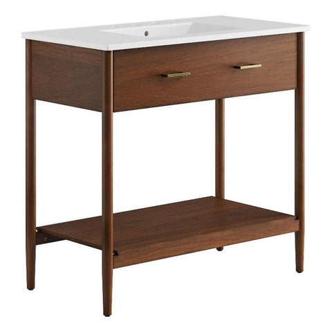 Modway Zaire 36” Mid-Century Bathroom Vanity Washstand in Walnut White with Ceramic Sink Basin, 36 Inches
