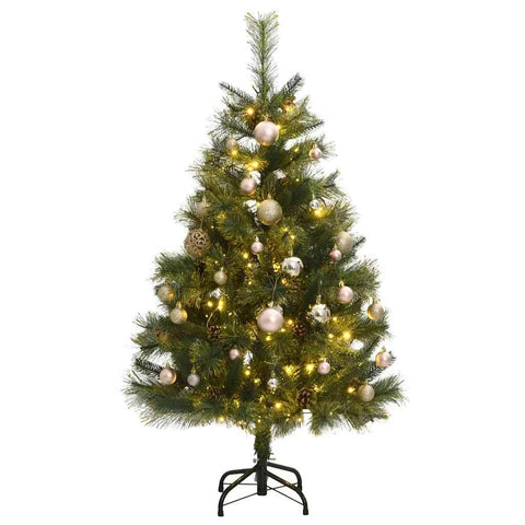 vidaXL Artificial Hinged Christmas Tree with LEDs â€“ 47.2" â€“ Green Christmas Tree with Decorative Balls, Cones and 150 Adjustable LED Lights