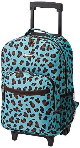 Rockland Double Handle Rolling Backpack, Blue Leopard, 17"
