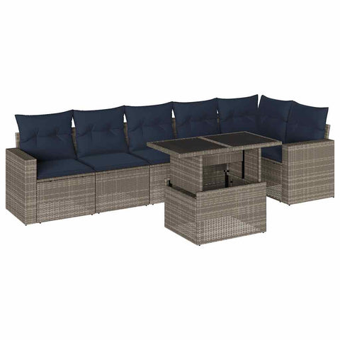 vidaXL Patio Sofa Set with Cushions 7 Piece, Conversation Set with Table and Sectional Sofas, Outdoor Seat for Garden, Modern, Gray Poly Rattan