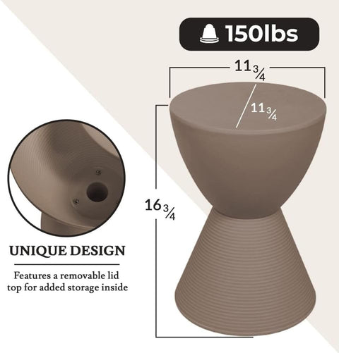 Taupe Side Table Modern ABS Shell Ribbed Hourglass Drum Accent Compact End Table with Removable Lid Storage for Indoor Outdoor Use 16.75H x 11.75W x 11.75D Boyd Series