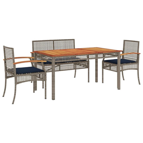 vidaXL Patio Dining Set with Cushions - Outdoor Furniture 4 Piece, Gray Poly Rattan with Acacia Wood Tabletop - Ideal for Garden, Backyard, Patio, Deck - Comfortable Navy Blue Cushions