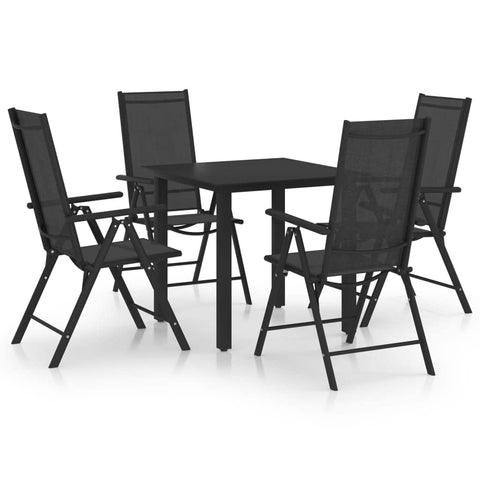 vidaXL 5-Piece Patio Dining Set, Powder-Coated Aluminum Frame, Adjustable Textilene Seats, Foldable Chairs, Glass Tabletop, Black