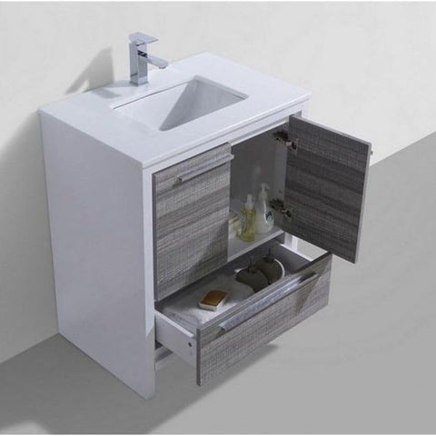 Oakestry Dolce 30 Inch Ash Gray Freestanding Modern Bathroom Vanity with White Quartz Countertop Undermount Ceramic Sink and Soft Close Drawer