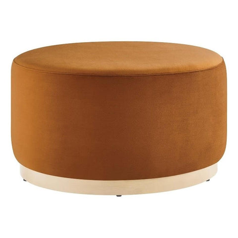 Modway Tilden 29 Inch Round Performance Velvet Upholstered Ottoman in Rust Natural - Round Ottoman Coffee Table for Living Room - Large Ottoman Foot Rest with Rubberwood Plinth Base