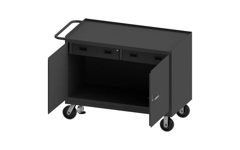 Mobile Bench Cabinet With 6 Inch X 2 Inch Phenolic Casters (2) Rigid And (2) Swivel 1 Shelf 2 Drawers And 2 Doors Steel Top Work Surface And Floor Lock With Tubular Push Handle Gray