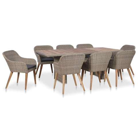 vidaXL 9 Piece Outdoor Dining Set with Cushions - Synthetic Poly Rattan and Solid Acacia Wood, Weather Resistant Garden Furniture for Patio, Balcony, Tables, Chairs, Modern Table
