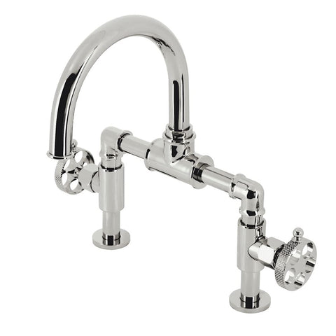 Kingston Brass KS2176RKX Webb Two-Handle 2-Hole Deck Mount Bridge Bathroom Faucet with Knurled Handle and Push Pop-Up Drain in Polished Nickel
