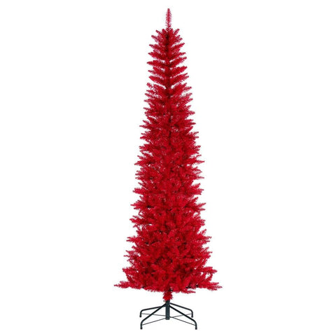 Vickerman 7.5' x 32" Red Pencil Artificial Unlit Christmas Tree. It Measures 90 inches Tall, and 28 inches Wide, which is considered a Pencil Profile.