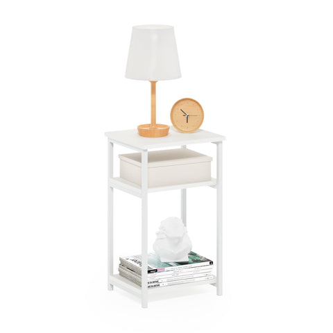 Furinno JUST Side Table, 3-Tier Metal Frame Modern End Table with Open Shelf, Night Stand, Bedside Table, for Living Room, Bedroom, White