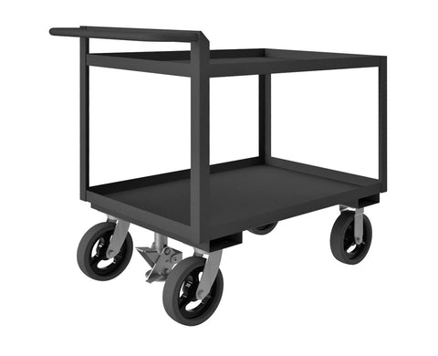 Stock Cart 2 Shelves 30 x 48 14 Gauge 2400 lbs. Capacity Raised Handle Floor Lock 8 x 2 Mold-On Rubber Casters - (2) Rigid (2) Swivel Gray