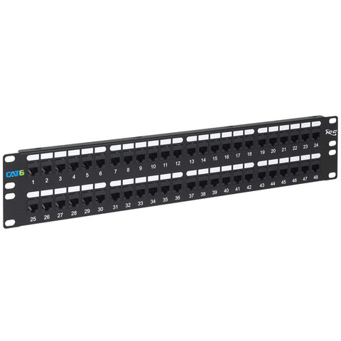 ICC CAT6 Feed-Through Patch Panel, 48 Port, 2U Rackmount, RJ45 Ethernet Patch Panel, No Punch Down, PoE++ and TAA Compliant, Black