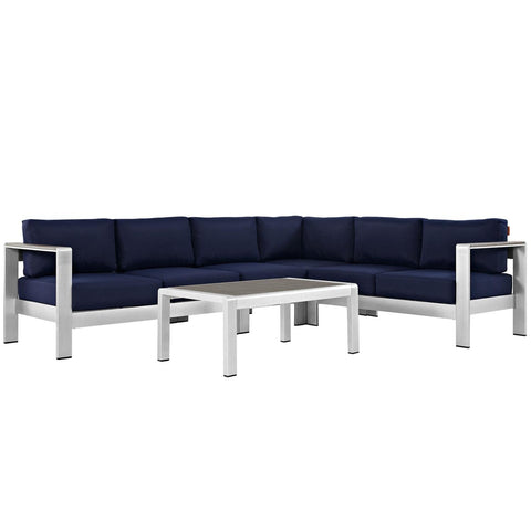 Modway Shore 5-Piece Aluminum Outdoor Patio Sectional Sofa Set in Silver Navy