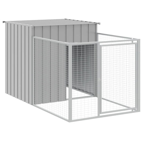vidaXL Light Gray Galvanized Steel Dog House with Run - Multi-use Outdoor Pet Kennel with Protection Roof and Convenient Access Doors