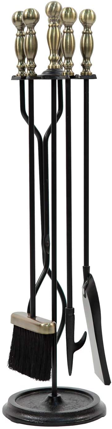 Oakestry Sutton 5-Piece Fireplace Tool Set, Antique Brass and Black